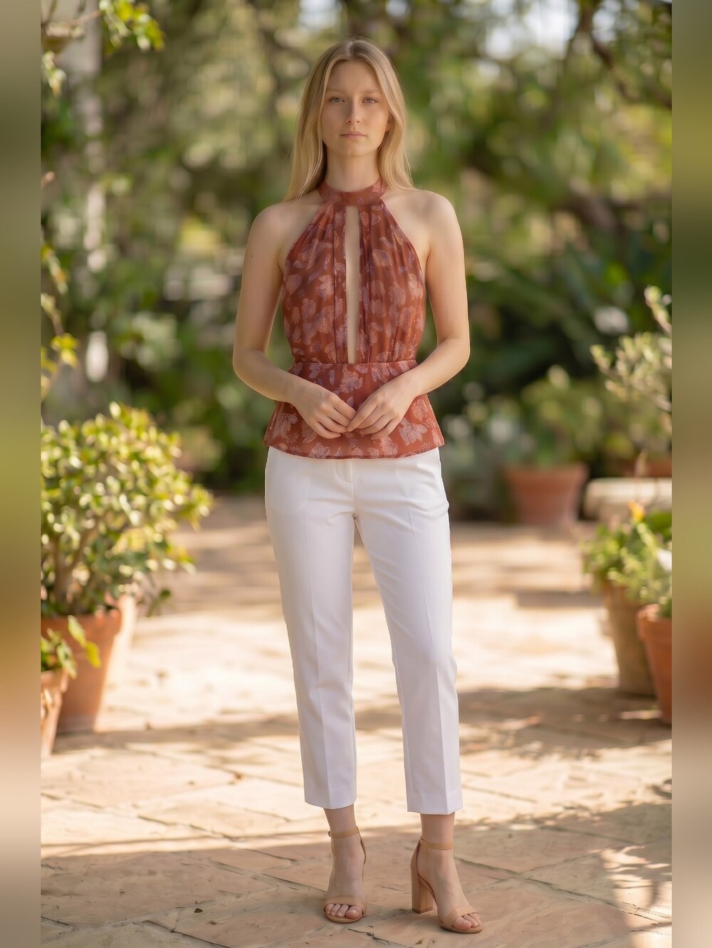 ále by Alessandra Floral Halter Peplum Top Size L Rust Rayon Keyhole